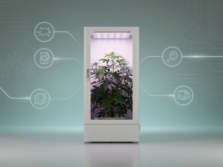 Grobo Grow Box in moderner Umgebung mit automatisierter Pflanzenpflege und LED-Beleuchtung