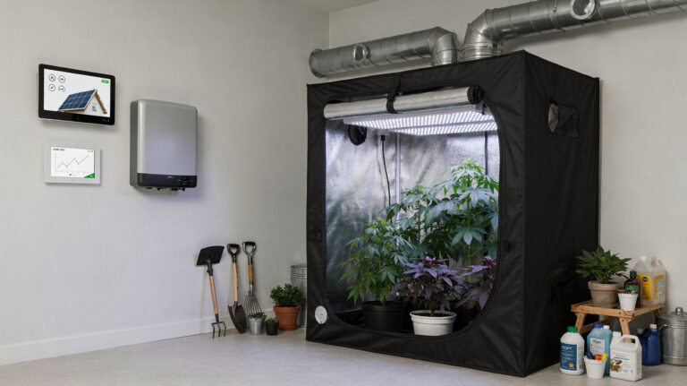 Solaranlage, Wechselrichter und Grow-Zelt in einem Technikraum für energieeffiziente Indoor-Grow-Planung.