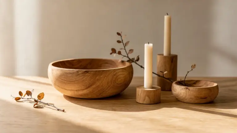 Herbstdeko aus Schalen, Kerzenhaltern und Ästen aus verschiedenen Hölzern auf einem Tisch