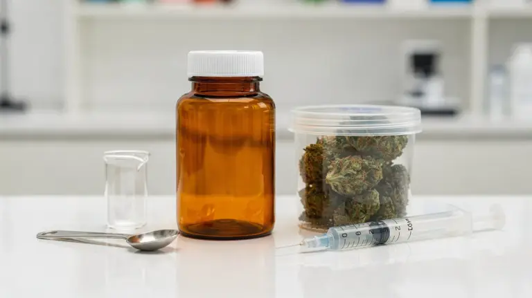 Cannabisblüten und Dosierbehälter in einer Apotheke für medizinisches Cannabis